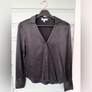 Billie the label black satin button down shirt blouse work office serving XS
